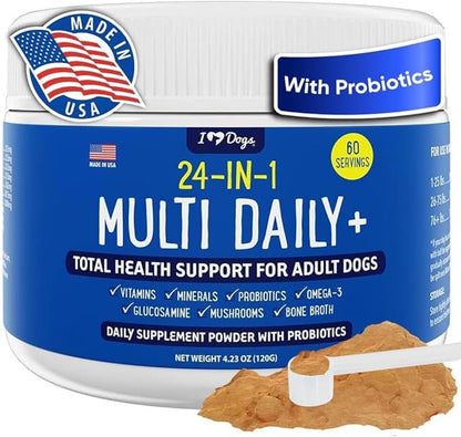 iHeartDogs 24-in-1 Adult Dog Multivitamin Daily+ Total Health Support Powder with Probiotics, Omega-3, Glucosamine, Mushrooms &amp; Bone Broth - 60 Servings