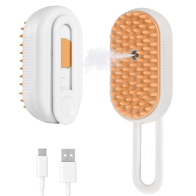 4 in 1 Cat Steam Brush, Rechargeable Steam Brush for Cats and Dogs, Anti-Static Cat Spray Brushes, Massage, Cleaning, Shedding &amp; Combing All In One! White