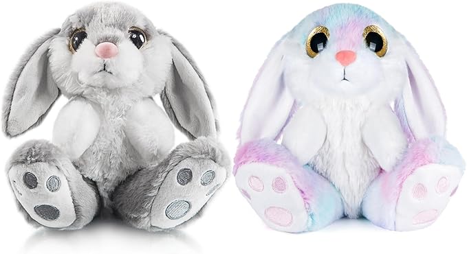 My OLi Bunny Stuffed Animal Pack of 2 Plush Rabbit 7in Stuffed Bunny with Floppy Ear Bedtime Friend Soft Toy Gifts for Girls Boys Kids, Gray &amp; Rainbow