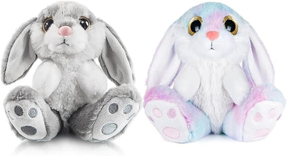 My OLi Bunny Stuffed Animal Pack of 2 Plush Rabbit 7in Stuffed Bunny with Floppy Ear Bedtime Friend Soft Toy Gifts for Girls Boys Kids, Gray &amp; Rainbow