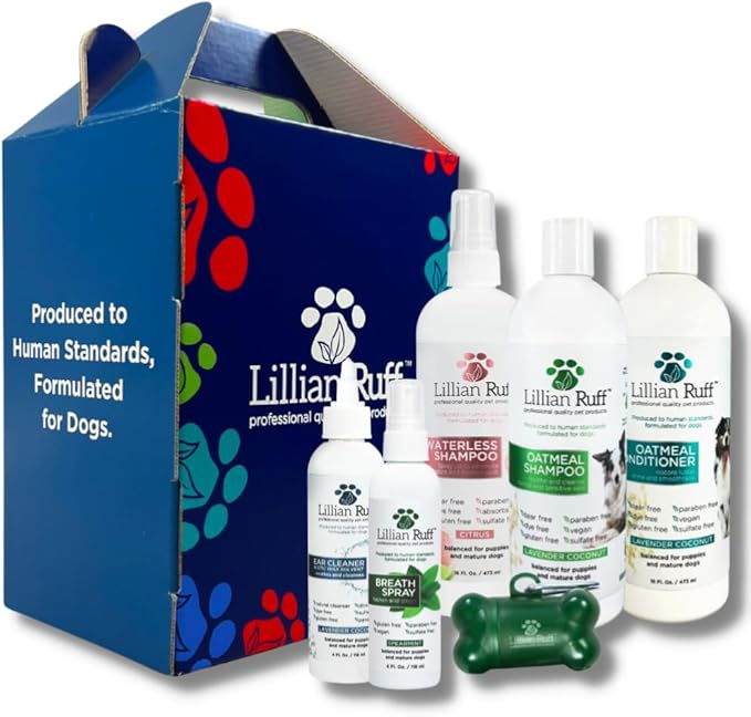 Lillian Ruff Starter Pack Gift Set for Dogs | Oatmeal Shampoo, Oatmeal Conditioner, Waterless Shampoo Citrus, Ear Cleaner &amp; Otic Wax Solvent, Breath Spray, Leash Clip Waste Bag Dispenser with 15 Bags