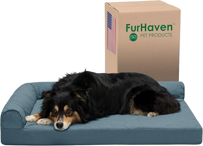 Furhaven Cooling Gel Dog Bed for Large/Medium Dogs w/ Removable Bolsters &amp; Washable Cover, For Dogs Up to 55 lbs - Pinsonic Quilted Paw L Shaped Chaise - Bluestone, Large