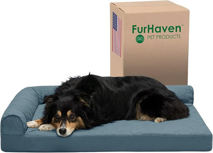 Furhaven Cooling Gel Dog Bed for Large/Medium Dogs w/ Removable Bolsters &amp; Washable Cover, For Dogs Up to 55 lbs - Pinsonic Quilted Paw L Shaped Chaise - Bluestone, Large