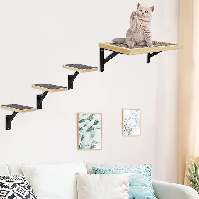 Handcrafted Wood Cat Perch &amp; Shelves - Floating Shelf with Cat Hammock Seat, Lounge Bed, Climbing Steps for Relaxing, Playing and Scratching