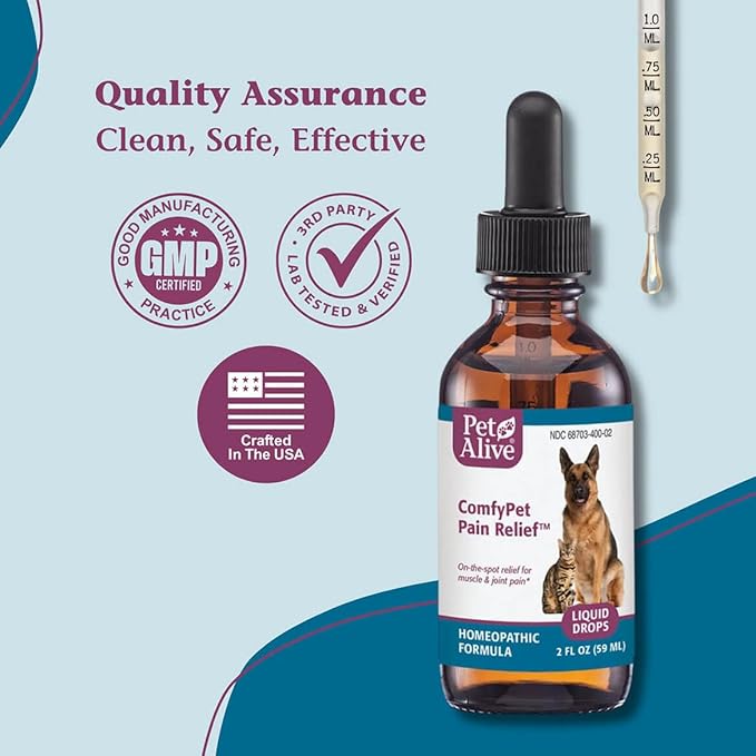 PetAlive ComfyPet Pain Relief for Dogs &amp; Cats – Natural Homeopathic Supplement for Pet Joint &amp; Mobility Support – 2 fl oz Drops – Made in USA