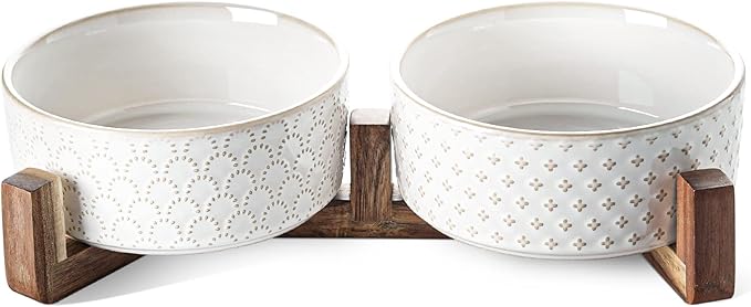 Dog Bowls Ceramic for Small Medium Dogs - 3-Cup Dual Food &amp; Water Bowl Set with Acacia Wood Stand, Non-Slip Anti-Tip Elevated Design