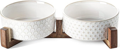 Dog Bowls Ceramic for Small Medium Dogs - 3-Cup Dual Food &amp; Water Bowl Set with Acacia Wood Stand, Non-Slip Anti-Tip Elevated Design