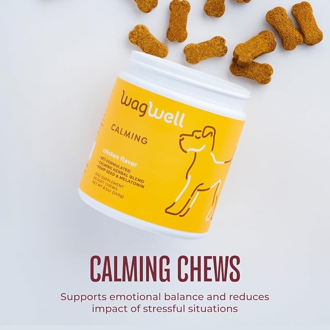WagWell Calming Chews for Dogs – Vet-formulated Anxiety Relief for Dogs to Reduce Stressful Situations Like Travel or Fireworks – Separation Anxiety Relief for Dogs to Ease Stress &amp; Promote Relaxation