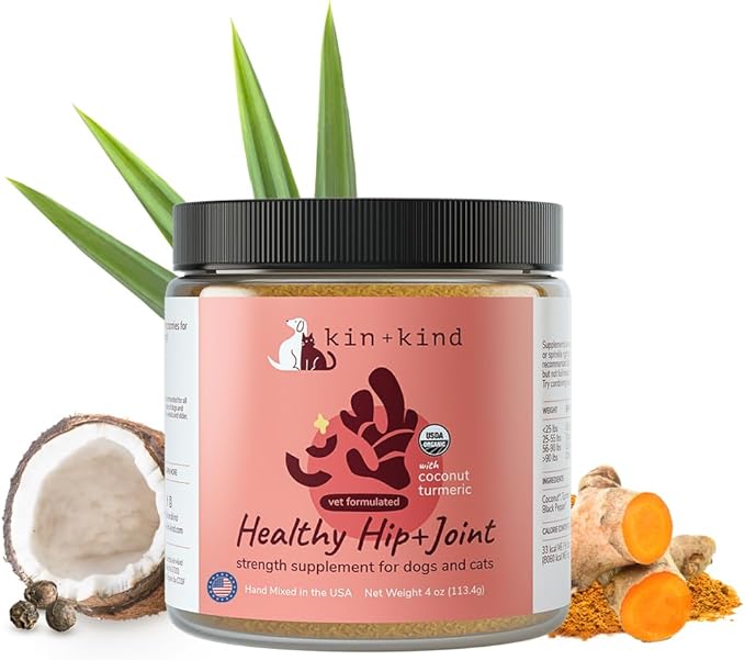 kin+kind Hip+Joint Supplement Dogs &amp; Cats - Vet Formulated Natural Formula with Organic Turmeric, Black Pepper and Coconut- Made in USA - 4 oz (Medium)