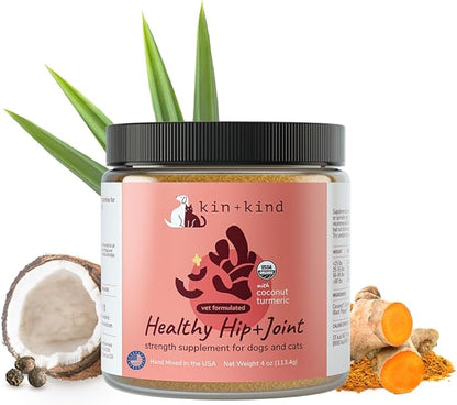 kin+kind Hip+Joint Supplement Dogs &amp; Cats - Vet Formulated Natural Formula with Organic Turmeric, Black Pepper and Coconut- Made in USA - 4 oz (Medium)