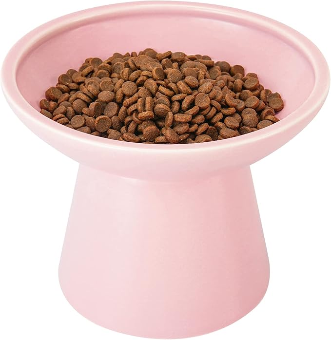 Extra Wide Elevated Ceramic Cat Food Bowl - 6.2" Shallow Dish for Whisker Fatigue Relief, 5" Height for Easy Feeding, Lead &amp; Cadmium Free, Durable Raised Cat Food Bowls, Pink