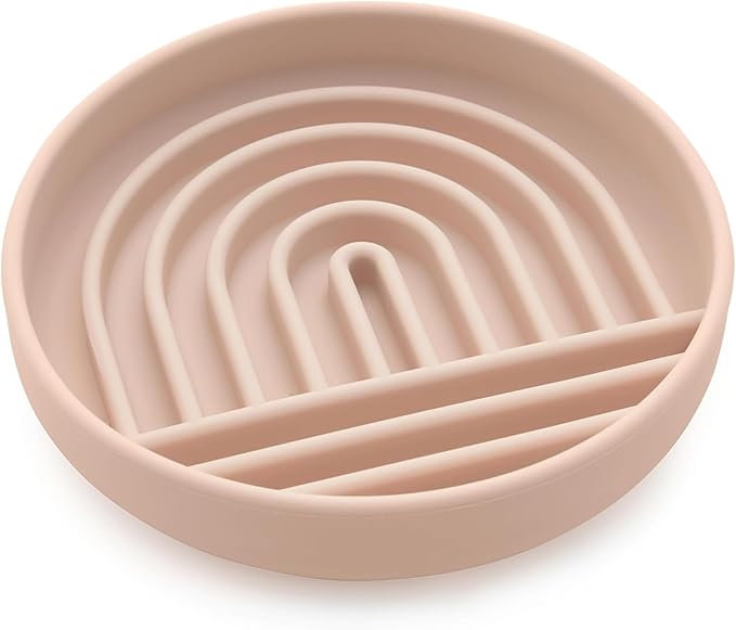 The Slowdown Bowl Silicone Slow Feeder for Cats &amp; Kittens, Slow Eating Mealtime Solution with Modern Lick Mat Design, Reduces Gulping, Fits 1 Cup 6” Across x 1.25” Tall, Small-Tan