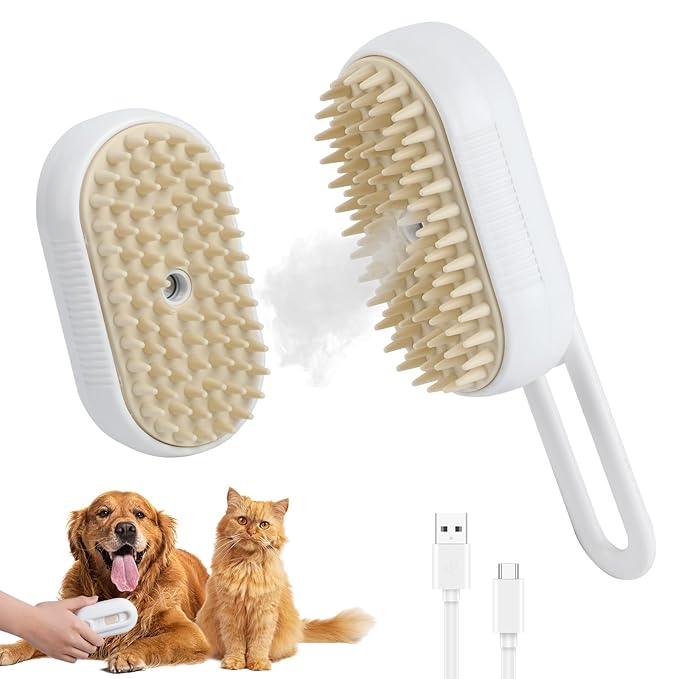 4 in 1 Cat Steam Brush for Shedding, Rechargeable Pet Steam Groomer Brush, Massage, Cleaning, Shedding &amp; Combing Multifunctional Hair Removal Comb for Cats Dogs (White)