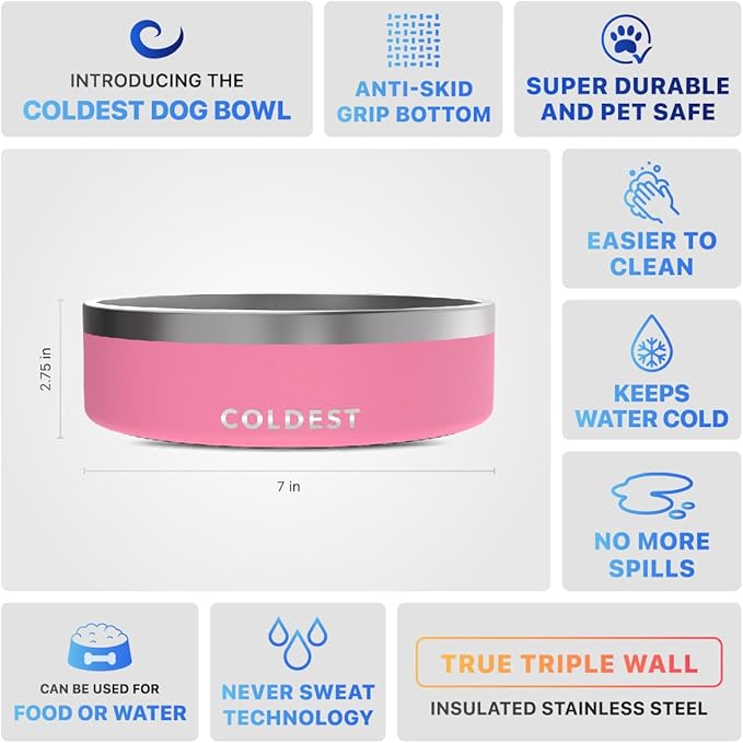 Coldest Dog Bowl - Anti Rust Metal, Non Slip, 3 Layers Insulated Stainless Steel Dog Bowls - Spill Proof &amp; Heavy Duty - Water Bowl for Dogs, Cats &amp; Pets, Dish Washer Safe (42 oz,Cotton Candy Pink)