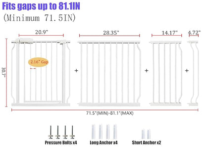 Extra Wide 76.4-81 Inch Large Baby Gates for Stairs, Doorways - No Drilling, Pressure Mounted Pet Gates for Kids &amp; Dogs
