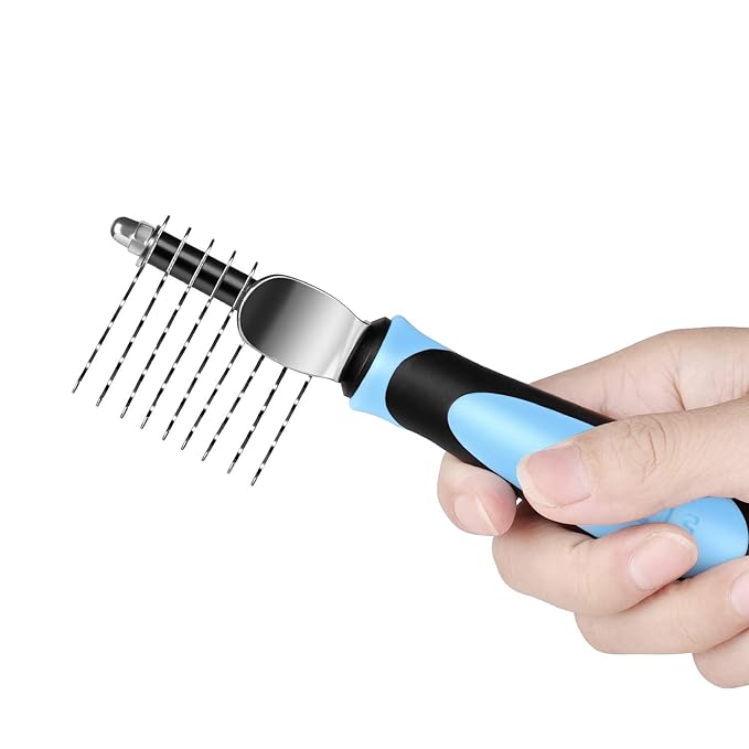 Flexzion Dogs Dematting Comb, Stainless Steel Blades Rakes, for Pets Cats Animals Matted Knotted Hair, Brush Cutting Removing Grooming Tool with Smooth Teeth Needle - Black &amp; Blue Handle