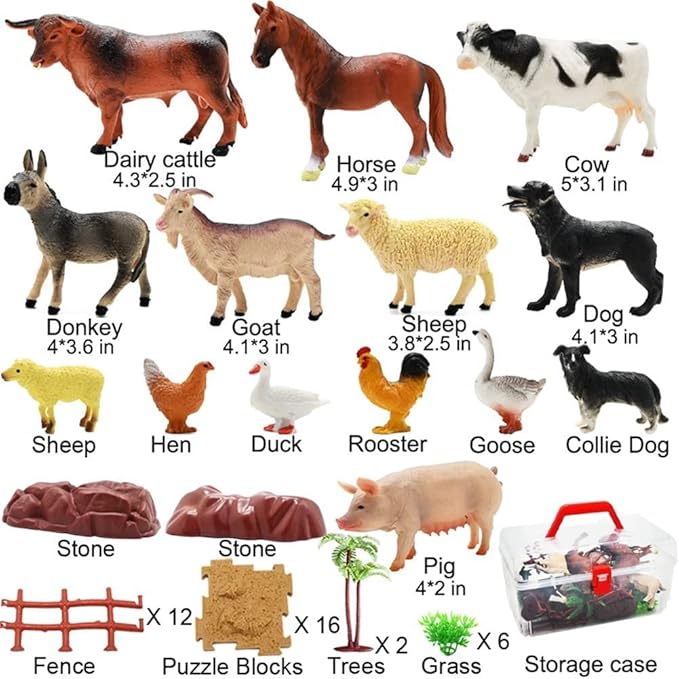 Farm Animal Figurines, Realistic Plastic Animals Toys with Fences Building Blocks, Farm Figures Playset Educational Birthday Gift for Kids &amp; Toddlers, 53 PCS