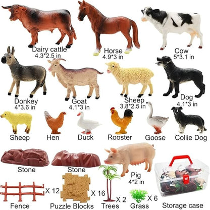 Farm Animal Figurines, Realistic Plastic Animals Toys with Fences Building Blocks, Farm Figures Playset Educational Birthday Gift for Kids &amp; Toddlers, 53 PCS