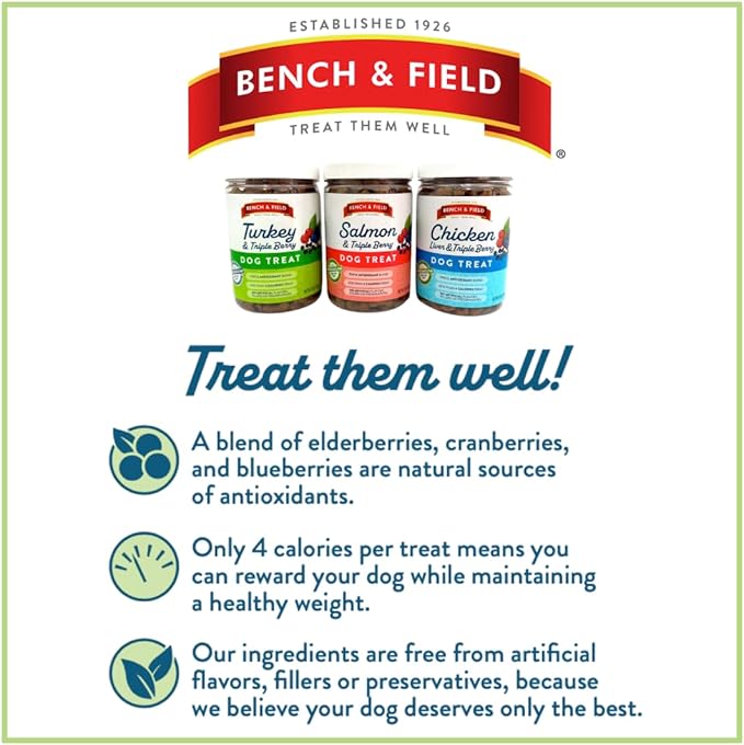 Bench &amp; Field Holistic Natural Chicken Liver &amp; Triple Berry Dog Treats | Crunchy Bone-Shaped Bites | Antioxidant Blend, 10-Ounce Bottle