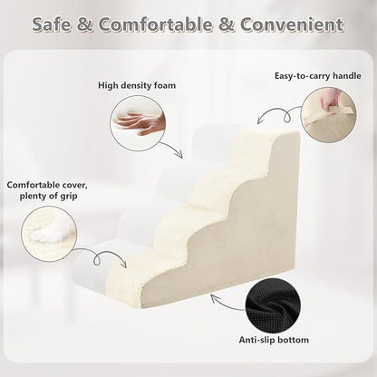 MIHIKK Dog Stairs Ramp, Curved 4-Step Dog Steps for Small Dogs and Cats, Pet Stairs for High Beds and Couch with Anti-Slip Washable Cover and Durable High Density Foam, Beige