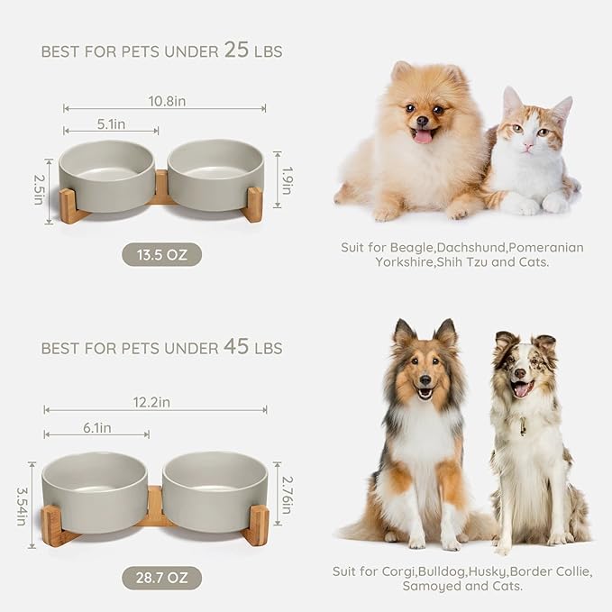 SPUNKYJUNKY Ceramic Dog and Cat Bowl with Wood Stand Non-Slip Matte Glaze Weighted Food Water Set for Cats &amp;Small Dogs 13.5OZ