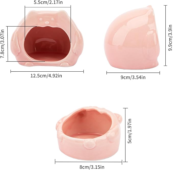 Bear-Shaped Hamster Hideout &amp; Food Bowl Set - Ceramic Habitat for Syrian Dwarf Hamsters, Mice, Gerbils - All-Season Use, Chew-Proof Ceramic House and Feeding Dish for Small Pets(Pink)