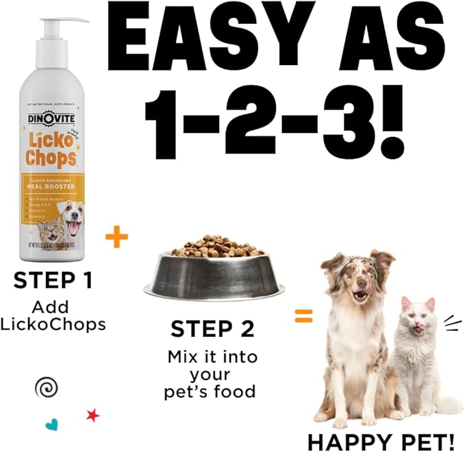 Dinovite Lickochops for Dog &amp; Cat Supplement Enhanced with Omega-6, 3 Fatty Acids, Probiotics and Vitamin E, 16 oz with Pump