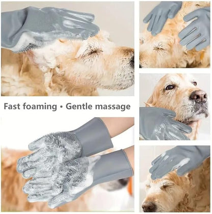 Pet Grooming Gloves，Heat-Resistant Silicone Gloves with High-Density Teeth for Enhanced Massaging and Bathing of Dogs and Cats (Gray, 2 Pair)