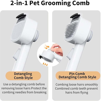 Marchul 2-in-1 Cat Grooming Brush, Cat Brushes with Release Button &amp; Deshedding Dematting Rake, Grooming Comb Tool for for Long or Short Haired Pets, Reduce Shedding, Remove Knots and Massage, White