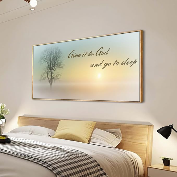 Lasdel Natural Extra Framed Wall Art of Misty Sunset &amp; Tree Plant Picture For Bedroom Home Above Bed,Large White Country Wood Sign For Bathroom,Give It To God &amp; Go to Sleep Artwork Decor,24x48