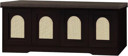 DINZI LVJ Shoe Bench, Entryway Storage Bench with Doors, Cushion, 2-Tier Shoe Rack with 8-Cubby, 47.2”L x 13.8”W Shoe Organizer Cabinet, Adjustable Shelf, Living Room, Bedroom, Espresso with Rattan