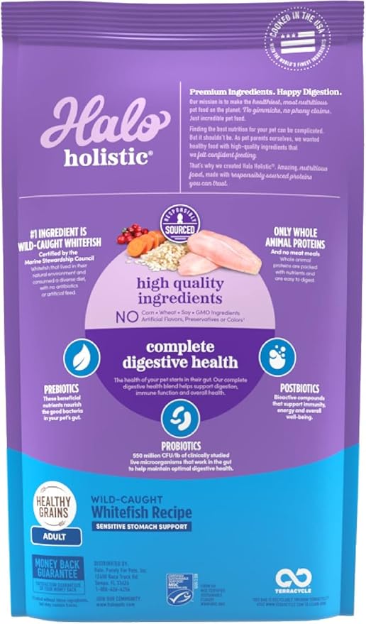 Halo Holistic Cat Food Wild Caught Salmon &amp; Whitefish Formula, Healthy Grains Dry Cat Food, For Sensitive Stomach Support, Kibble for Adult Cats, 6 lb Bag