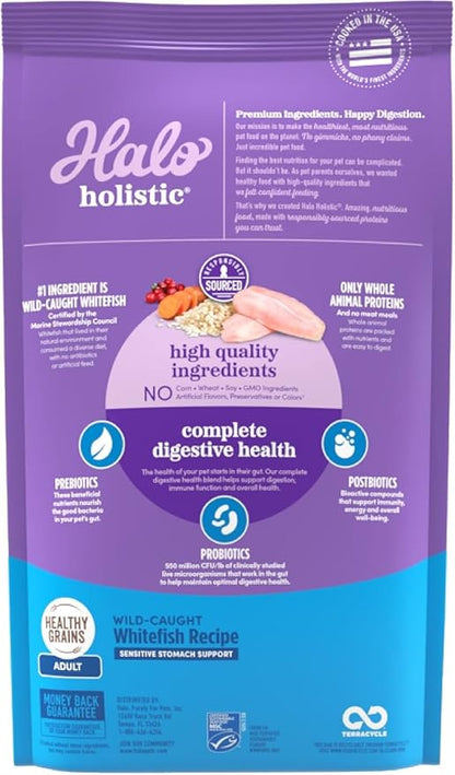 Halo Holistic Cat Food Wild Caught Salmon &amp; Whitefish Formula, Healthy Grains Dry Cat Food, For Sensitive Stomach Support, Kibble for Adult Cats, 3 lb Bag