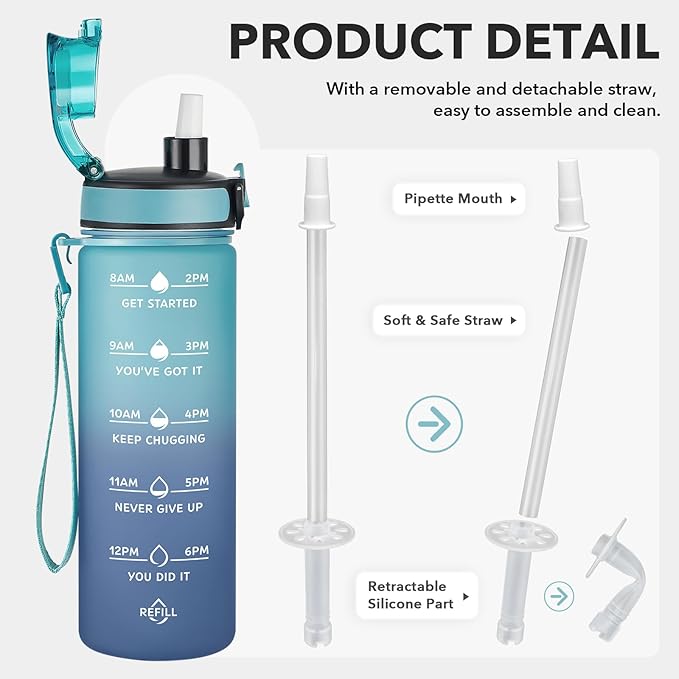 Enerbone Water Bottle, Leakproof BPA &amp; Toxic Free, Motivational Water Bottle with Times to Drink and Straw, Fitness Sports Water Bottle with Strap for Office, Gym, Outdoor Sports