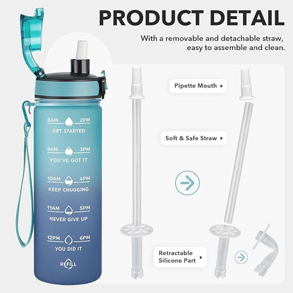 Enerbone Water Bottle, Leakproof BPA &amp; Toxic Free, Motivational Water Bottle with Times to Drink and Straw, Fitness Sports Water Bottle with Strap for Office, Gym, Outdoor Sports