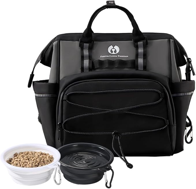 Dog Travel Bag, Airline Approved Pet Supplies Backpack, Dog Travel Backpack Accessories Set with 2 Silicone Collapsible Bowls and 1 Leash Clip for Camping, Road Trips &amp; Weekends Away（Black）