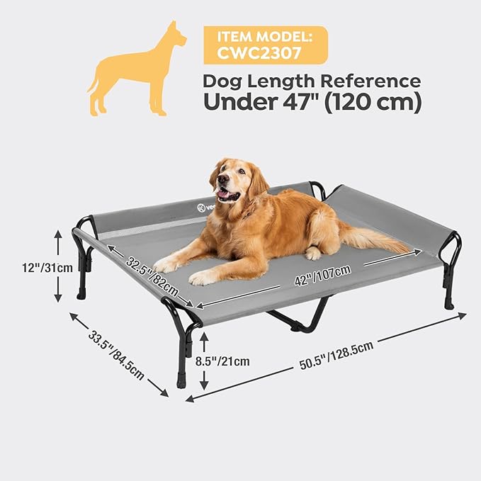 Veehoo Cooling Elevated Dog Bed, XL Raised Pet Cot with Guardrail &amp; Slope Headrest, Durable Breathable Teslin Mesh, Non-Slip Feet, Washable Dog Couch Bed for Indoor &amp; Outdoor, 50.5" x 33.5, Gray