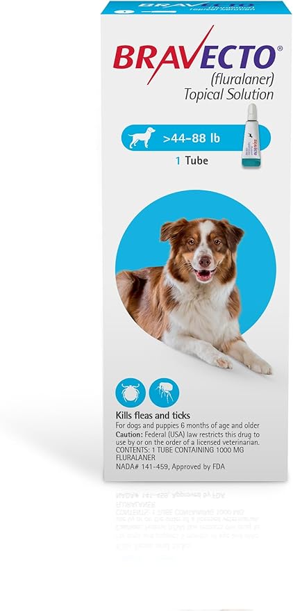 BRAVECTO Topical Solution for Dogs, Flea &amp; Tick, 12 Week Supply, >44-88 lbs., Blue Box
