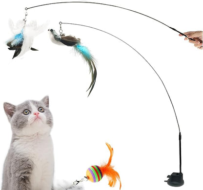 Interactive Cat Feather Toy with Super Suction Cup &amp; Bonus Double-Sided Nano Adhesive – 3 Replaceable Feathers, Bell &amp; Spring Wand – Fun Exercise for Indoor Cats &amp; Kittens (Fly Bird Blue)