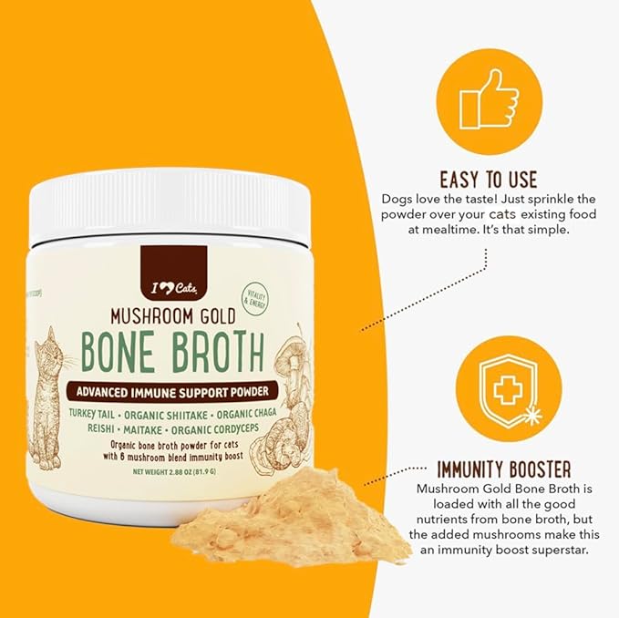 iHeartCats Bone Broth for Cats - Bone Broth &amp; Mushroom Gold Powder Supplement for Immune System Support, Improved Mobility &amp; Flexibility and Natural Detox - Turkey Tail Mushroom for Cats
