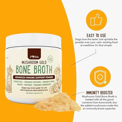 iHeartCats Bone Broth for Cats - Bone Broth &amp; Mushroom Gold Powder Supplement for Immune System Support, Improved Mobility &amp; Flexibility and Natural Detox - Turkey Tail Mushroom for Cats