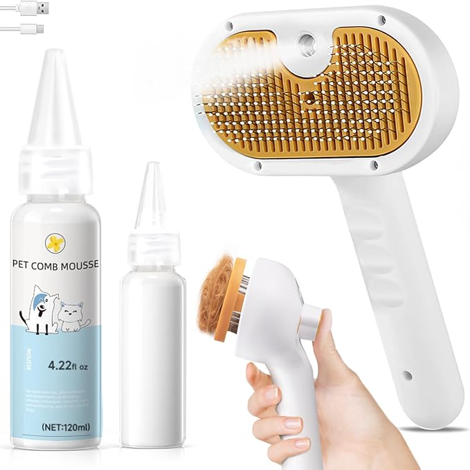 3-in-1 Pet Steam Brush Set for Dogs &amp; Cats, Grooming Comb with Spray, Defur Tool, Water-Assisted Hair Removal, Gentle Cat &amp; Dog Spritz Brush, Multi-Purpose Steam Grooming Kit
