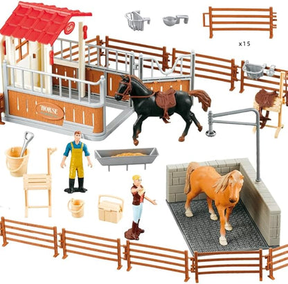 Peagrav Horse Stable Playset with Rider, Wash Area, Fence &amp; Animal Figures - Gifts for Girls &amp; Boys Aged 3-8