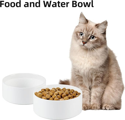 Ceramic 5.1inch Set of 2 Dog and Cat Bowls, Food and Water Feeder for Small Breed Dogs, Kitty, Cats, 2pcs Dog &amp; Cat Dishes(2 Bowls, White)