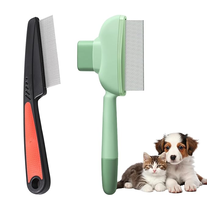 2PCS Flea Comb for Dogs &amp; Cats，flea Comb for Cats with Release Button Self-Cleaning，lice comb for Shedding Pet Hair