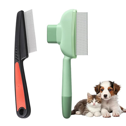 2PCS Flea Comb for Dogs &amp; Cats，flea Comb for Cats with Release Button Self-Cleaning，lice comb for Shedding Pet Hair