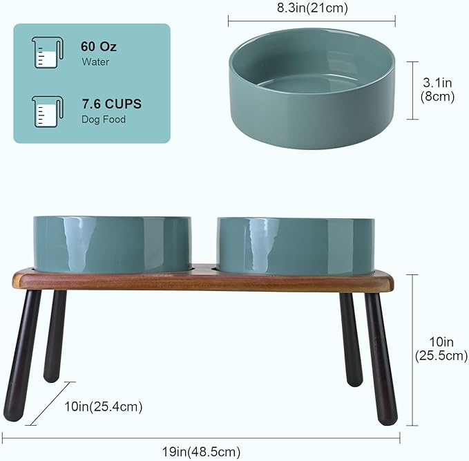 SPUNKYJUNKY Ceramic Elevated Dog Bowls Raised with Acacia Bamboo Wooden Stand, 8.3&
