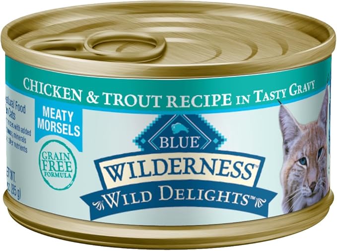 Blue Buffalo Wilderness Wild Delights Meaty Morsels Wet Cat Food, High-Protein &amp; Grain-Free, Made with Natural Ingredients, Chicken &amp; Trout Recipe in Tasty Gravy, 3-oz. Cans (24 Count)