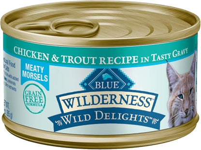 Blue Buffalo Wilderness Wild Delights Meaty Morsels Wet Cat Food, High-Protein &amp; Grain-Free, Made with Natural Ingredients, Chicken &amp; Trout Recipe in Tasty Gravy, 3-oz. Cans (24 Count)