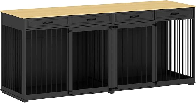 Extra Large Dog Crate with Double Rooms, 93" Heavy Duty Wooden Dog Cage Furniture Dog Crate Kennel w/Drawers &amp; Removable Divider,Indoor Luxury Dog House for Large Dogs,Black